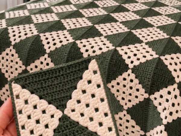 Forest Green and Cream Diamond Bedspread — Free Crochet Pattern