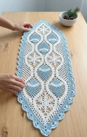 Sky Blue and Cream Oval Lace Table Runner — Free Crochet Pattern