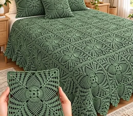 Sage Green Pineapple Square Bedspread — Free Crochet Pattern