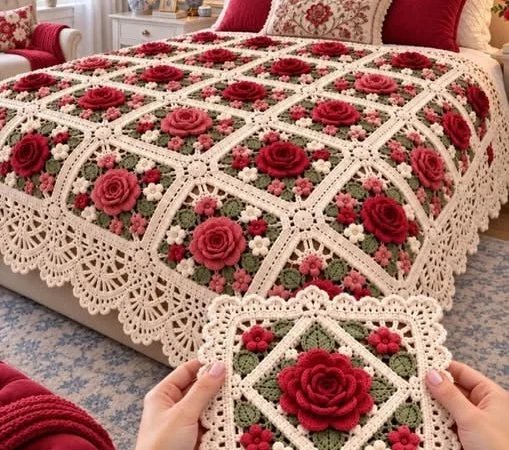 Rose Garden Granny Square Bedspread — Free Crochet Pattern
