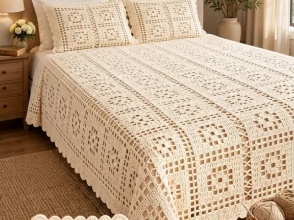Classic Cream Filet Lace Bedspread — Free Crochet Pattern