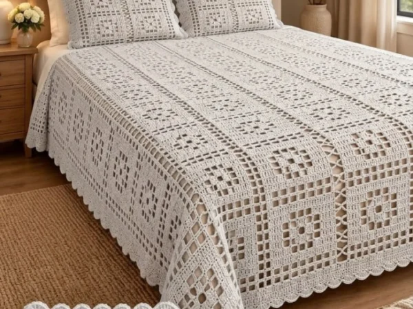 Classic Grey Filet Lace Bedspread — Free Crochet Pattern