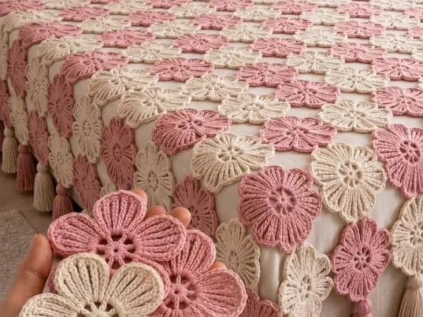 Pink & Cream Floral Daisy Bedspread — Free Crochet Pattern