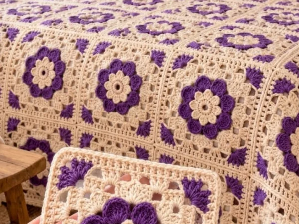 Purple Floral Granny Square Bedspread — Free Crochet Pattern