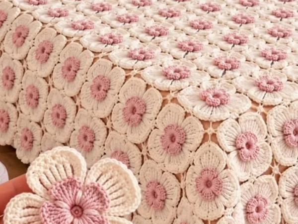 Pink & Cream 3D Layered Floral Bedspread — Free Crochet Pattern