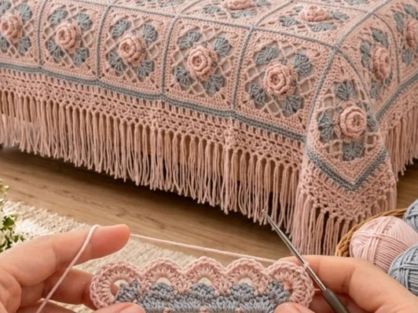 3D Rose Framed Square Bedspread — Free Crochet Pattern