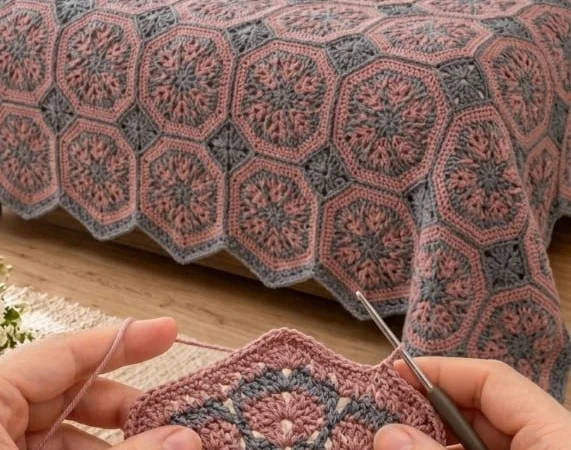 Dusty Mauve Octagon Mosaic Bedspread — Free Crochet Pattern