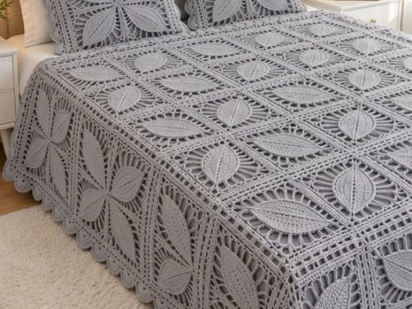 Grey Botanical Leaf Square Bedspread — Free Crochet Pattern