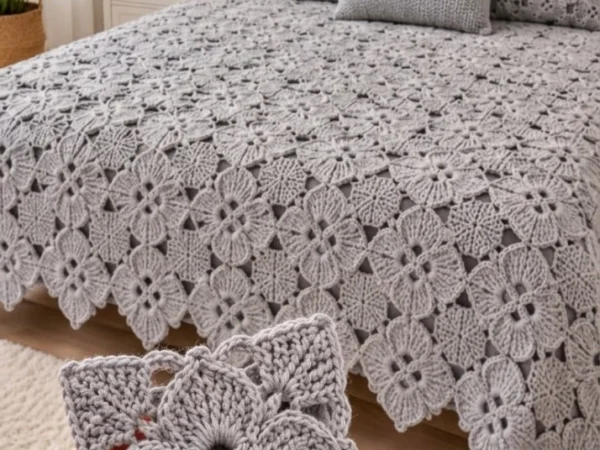 Grey Floral Petal Square Bedspread — Free Crochet Pattern