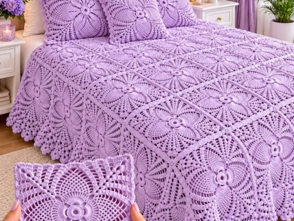 Lavender Pineapple Flower Square Bedspread — Free Crochet Pattern