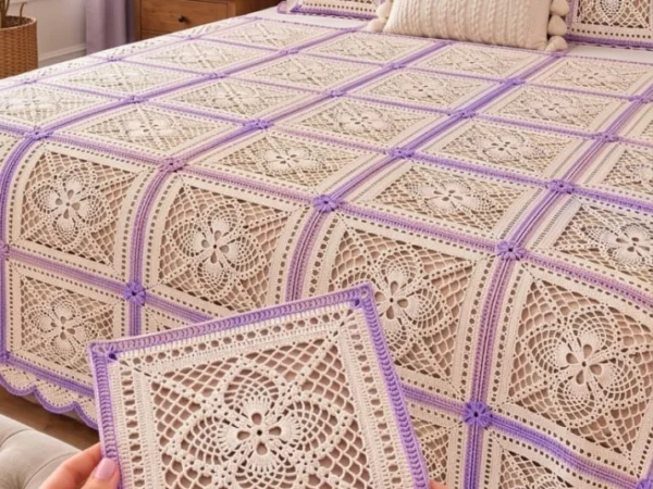 Lavender & Cream Framed Filigree Square Bedspread — Free Crochet Pattern
