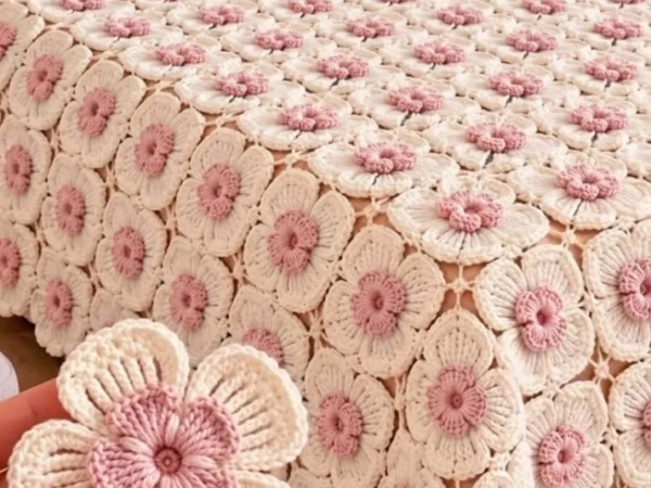 Pink & Cream 3D Layered Floral Bedspread — Free Crochet Pattern