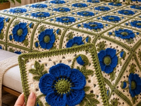 Cobalt Blue Poppy Botanical Bedspread — Free Crochet Pattern