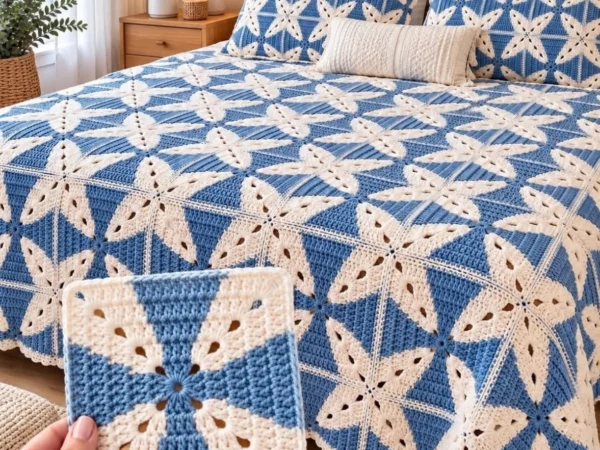 Cornflower Blue Geometric Star Pinwheel Bedspread — Free Crochet Pattern