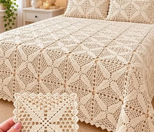 Cream Diamond Starburst Filigree Bedspread — Free Crochet Pattern