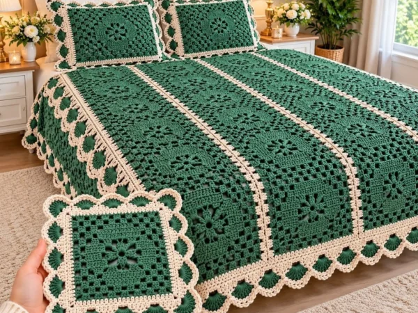 Forest Green Botanical Medallion Striped Bedspread — Free Crochet Pattern