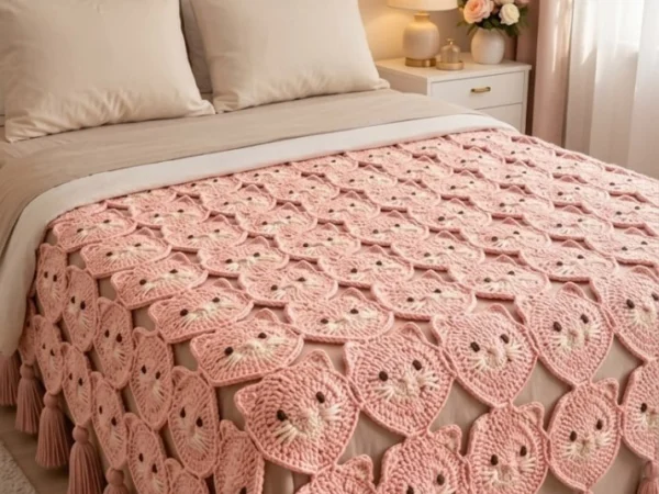 Dusty Pink Kitty Motif Bedspread with Tassels — Free Crochet Pattern