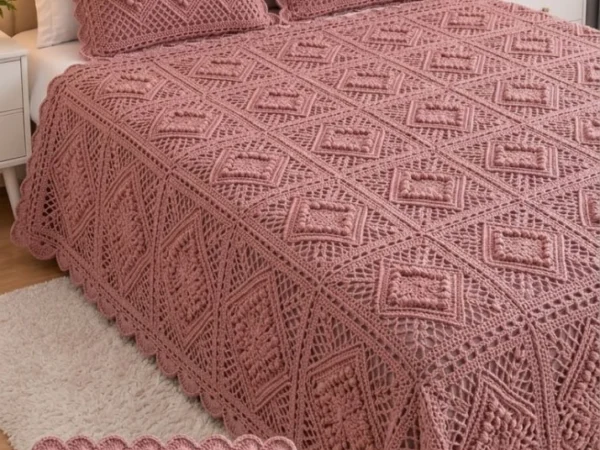 Dusty Rose Bobble Diamond Lattice Bedspread — Free Crochet Pattern