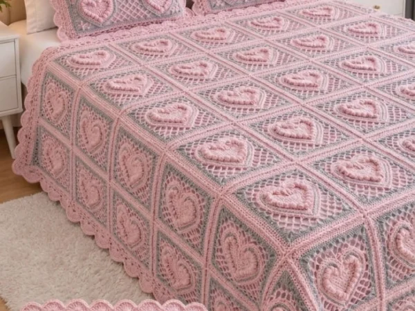 Two-Tone Bobble Heart Medallion Bedspread — Free Crochet Pattern