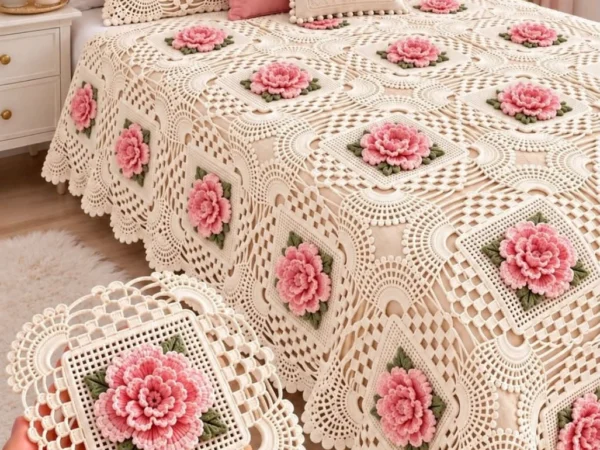 3D Pink Peony & Cream Lace Fan Bedspread — Comprehensive Crochet Masterclass
