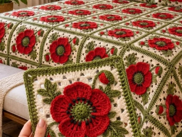3D Crimson Poppy & Botanical Granny Square Bedspread — Comprehensive Crochet Masterclass