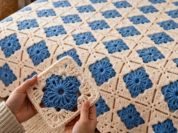 Blue Floral Starburst Diamond Square Bedspread — Free Crochet Pattern