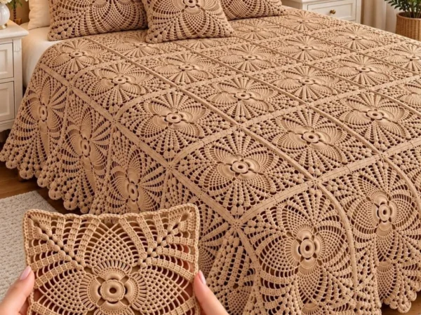 Camel Beige Pineapple Medallion Lace Bedspread — Free Crochet Pattern