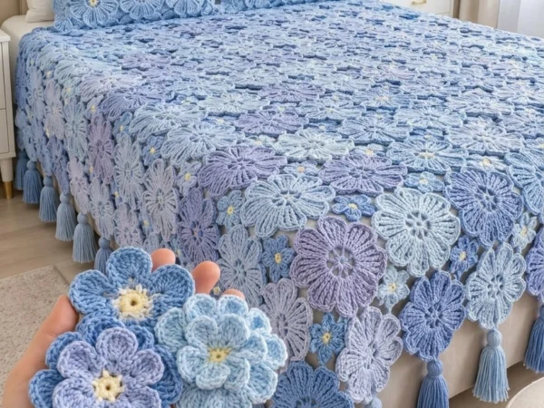 Hydrangea Blue 3D Floral Medallion Bedspread with Tassels — Free Crochet Pattern