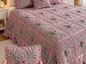 3D Dusty Mauve Cabbage Rose Lace Bedspread — Free Crochet Pattern