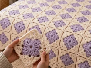 Lavender Floral Starburst Diamond Square Bedspread — Free Crochet Pattern