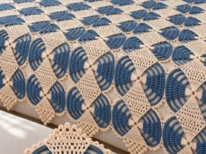 Duo-Tone Slate Blue & Cream Pinwheel Lattice Bedspread — Free Crochet Pattern