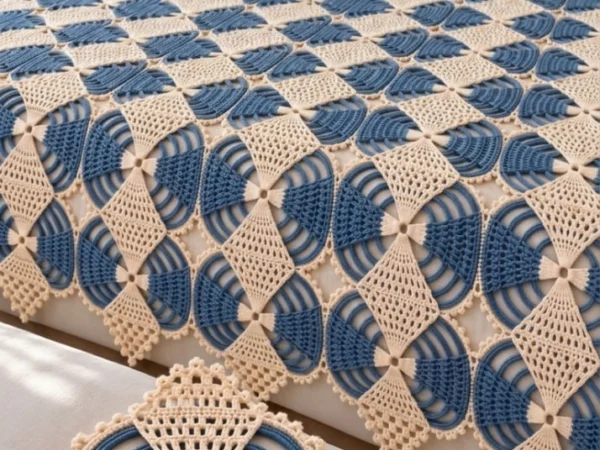 Duo-Tone Slate Blue & Cream Pinwheel Lattice Bedspread — Free Crochet Pattern